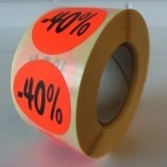 Etiket fluor rood rond 27mm diameter -40 procent   500/rol, kleefkracht permanent. Kortingsetiketten, procentetiketten, afprijs-etiketten.