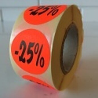 Etiket fluor rood rond 27mm diameter  -25 procent   500/rol, kleefkracht permanent. Kortingsetiketten, procentetiketten, afprijs-etiketten.