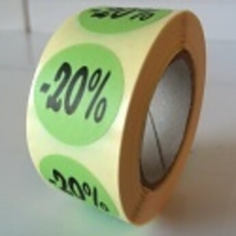 Etiket groen rond 27mm diameter -20% 500/rol, kleefkracht permanent. Kortingsetiketten, procentetiketten, afprijs-etiketten.