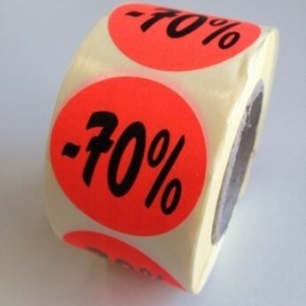 Etiket fluor rood diameter 35mm bedrukt met: 70% korting. 500 per rol.