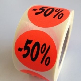 Etiket fluor rood diameter 35mm bedrukt met: 50% korting. 500 per rol.