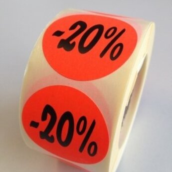 Etiket fluor rood diameter 35mm bedrukt met: 20% korting. 500 per rol.