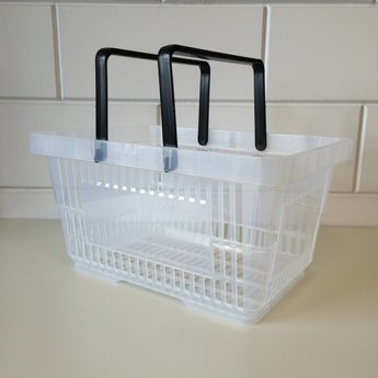 Winkelmandje kleurloos - transparant met 2 handgrepen. Afmeting bxlxh 30x43x21 cm.