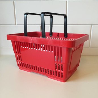 Winkelmandje rood Ral 3000 met 2 handgrepen. Afmeting bxlxh 30x43x21 cm.