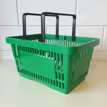 Winkelmandje groen Ral 6029 met 2 handgrepen. Afmeting bxlxh 30x43x21 cm.