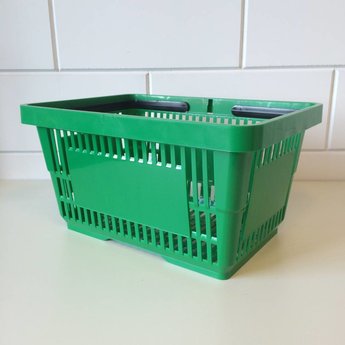 Winkelmandje groen Ral 6029 met 2 handgrepen. Afmeting bxlxh 30x43x21 cm.