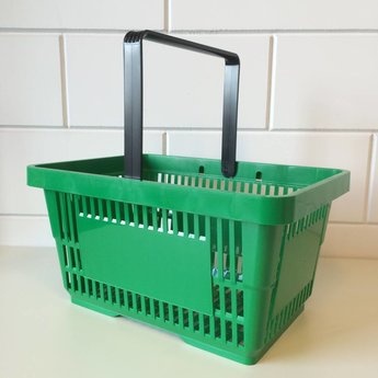 Winkelmandje groen Ral 6029 met 1 handgreep. Afmeting bxlxh 30x43x21 cm. Inhoud van 22 liter. Draagcapaciteit tot 10 kg.