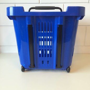 Winkelmand >Shop en Roll< op rubberen wielen blauw, met uitschuifbare handgreep van aluminium, hoogte 90cm.