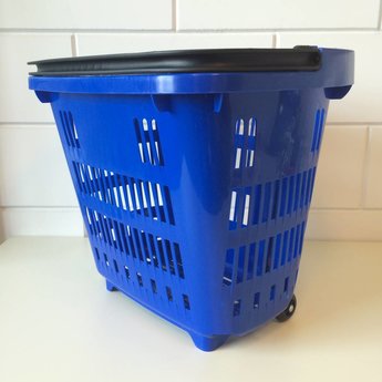 Winkelmand >Shop en Roll< op rubberen wielen blauw, met uitschuifbare handgreep van aluminium, hoogte 90cm.