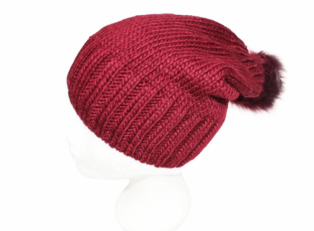 Gebreide Pomponmuts Burgundy Gebreide Pomponmuts Burgundy