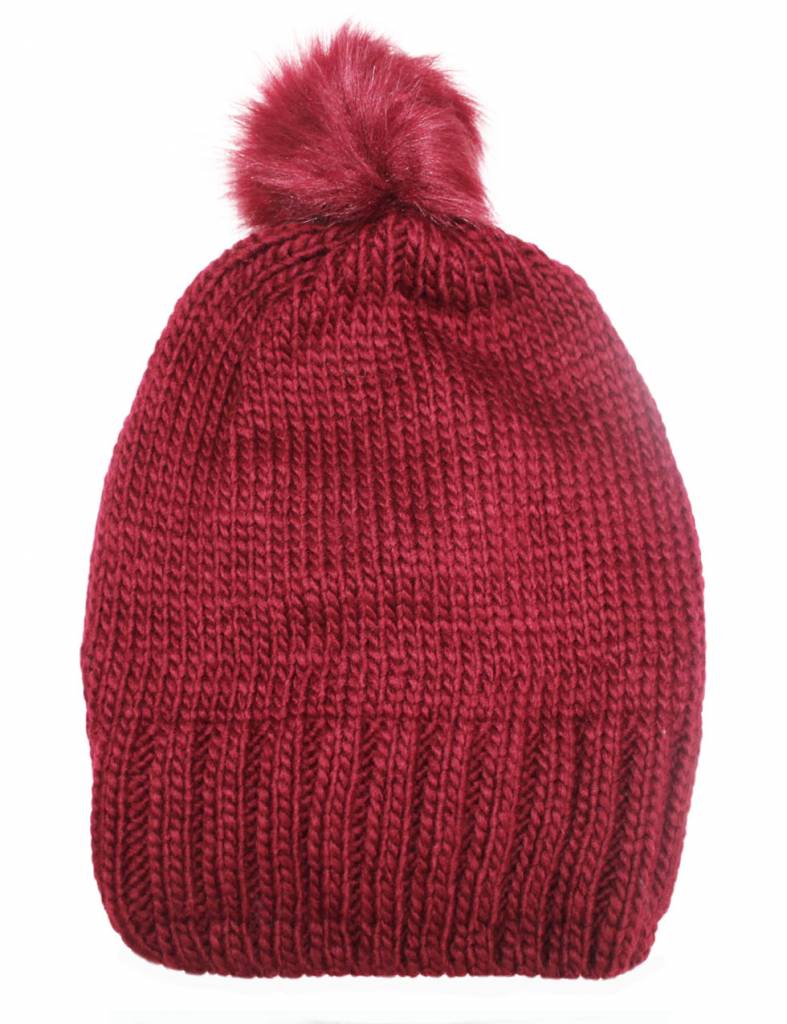 Gebreide Pomponmuts Burgundy Gebreide Pomponmuts Burgundy