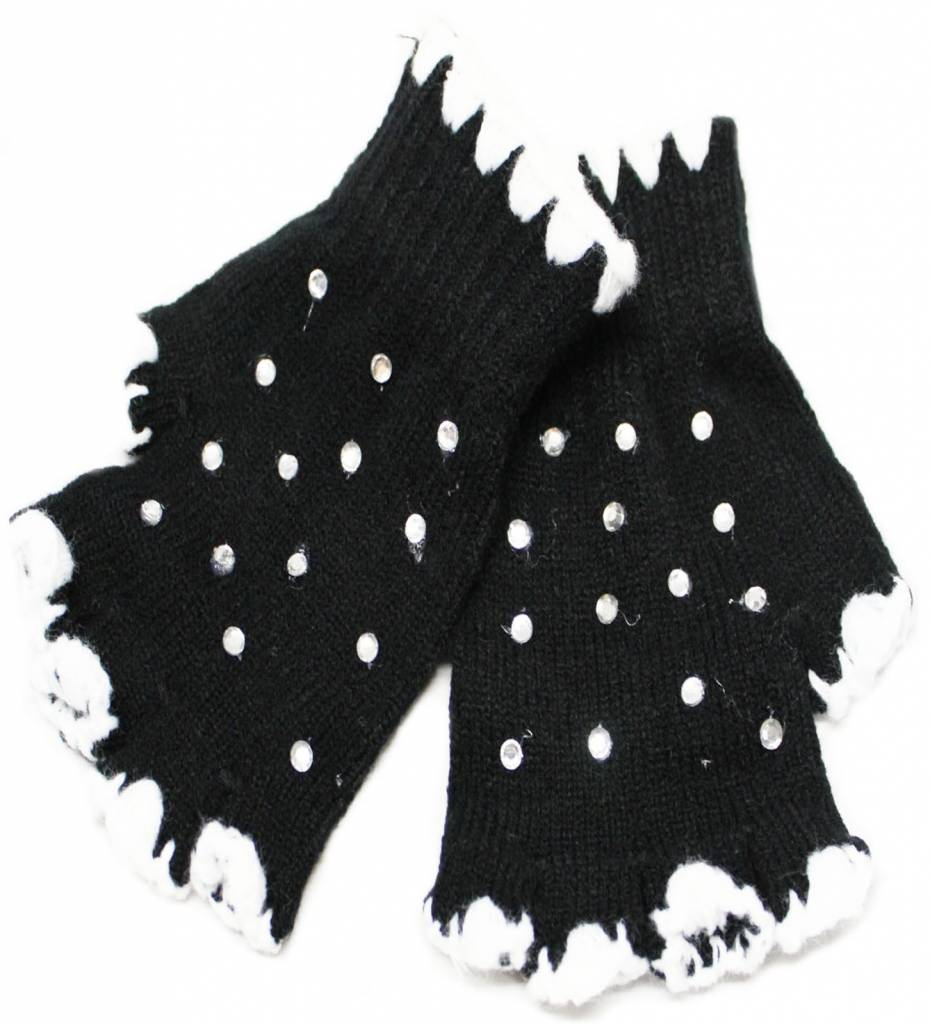 Vingerloze handschoenen met strass steentjes zwart/wit Vingerloze handschoenen met strass steentjes zwart/wit