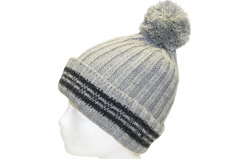 Pompon muts gebreid met boord lichtgrijs