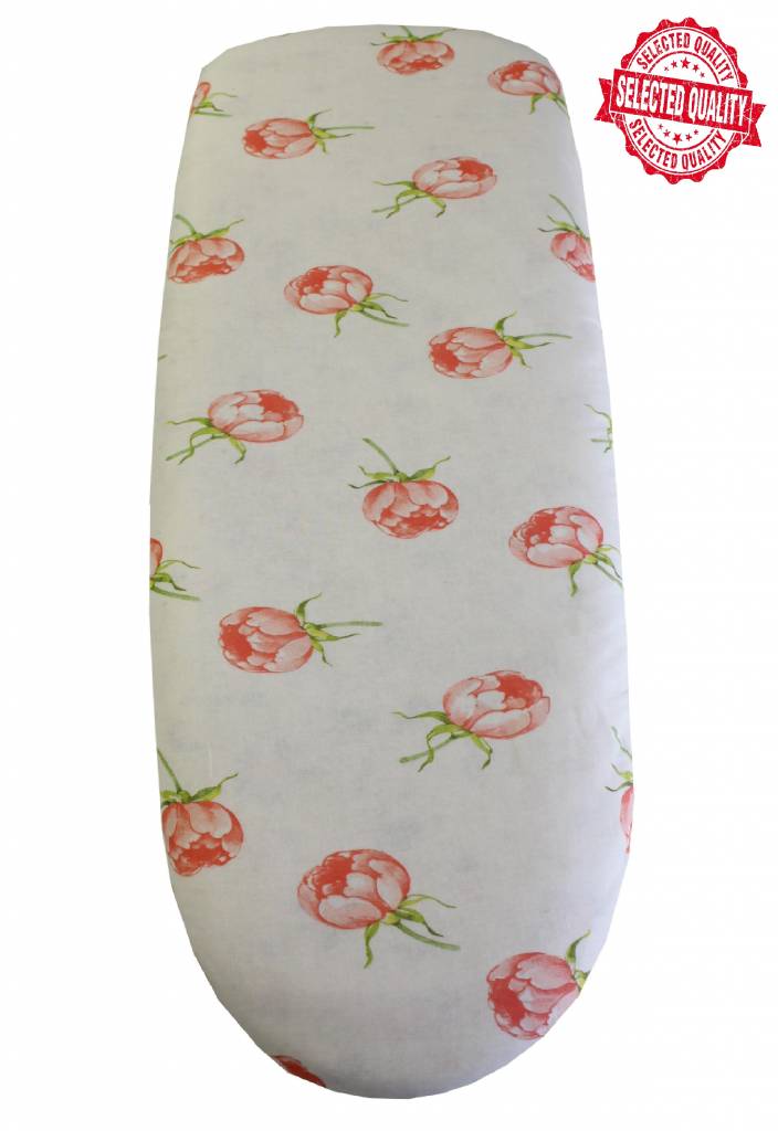 Strijkplankovertrek 140 X. 50 cm. Wit / rode roos