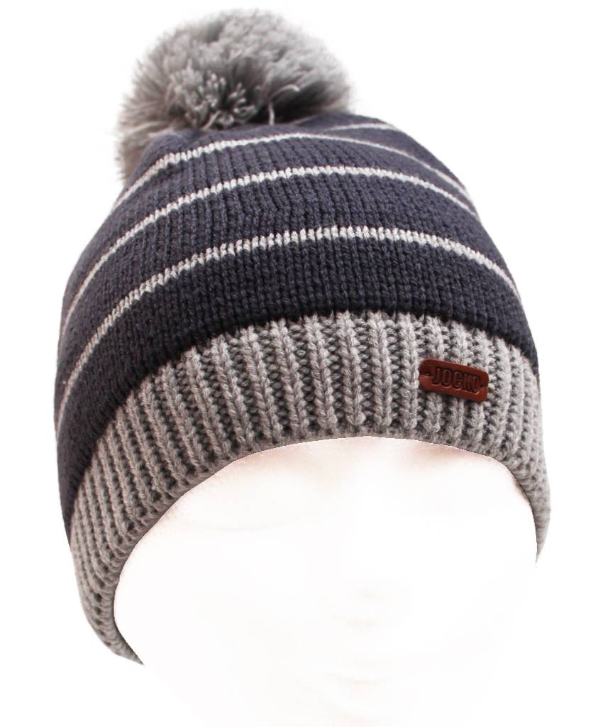 Jongens muts pompon  grijs gestreept Jongens muts pompon  grijs gestreept