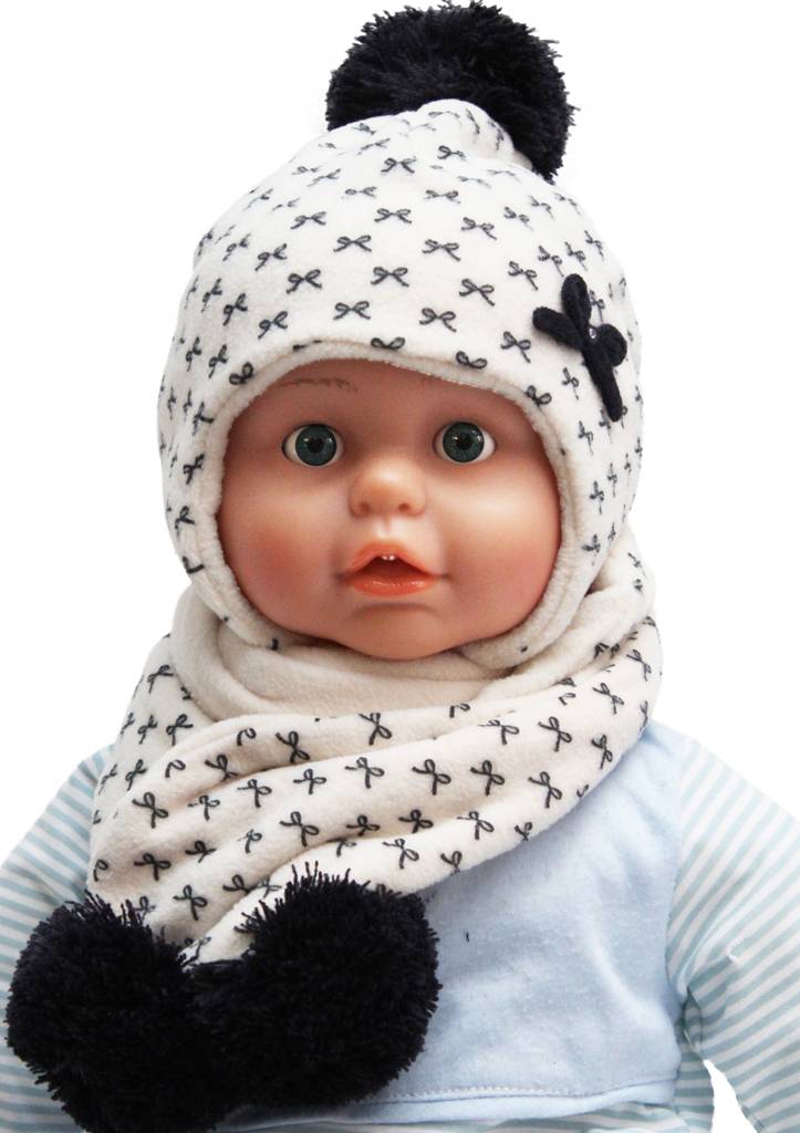 Baby- Kindermuts met sjaal ecru - Strikmotief