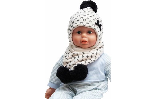 Baby- Kindermuts met sjaal ecru - Strikmotief
