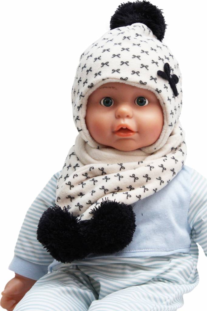 Baby- Kindermuts met sjaal ecru - Strikmotief