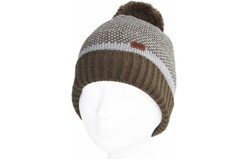 Gebreide kindermuts kaki/grijs pompon