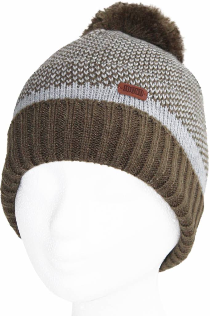 Gebreide kindermuts kaki/grijs pompon