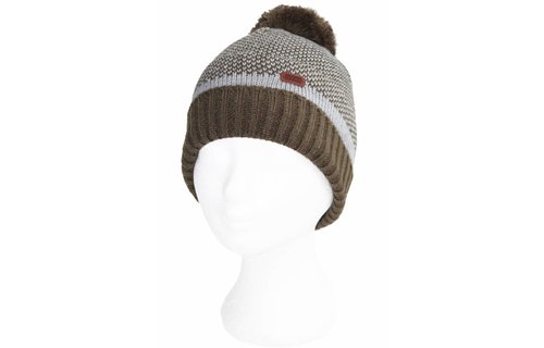 Gebreide kindermuts kaki/grijs pompon