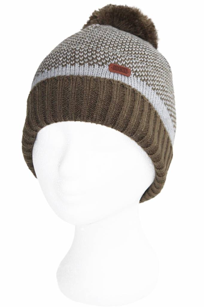 Gebreide kindermuts kaki/grijs pompon Gebreide kindermuts kaki/grijs pompon