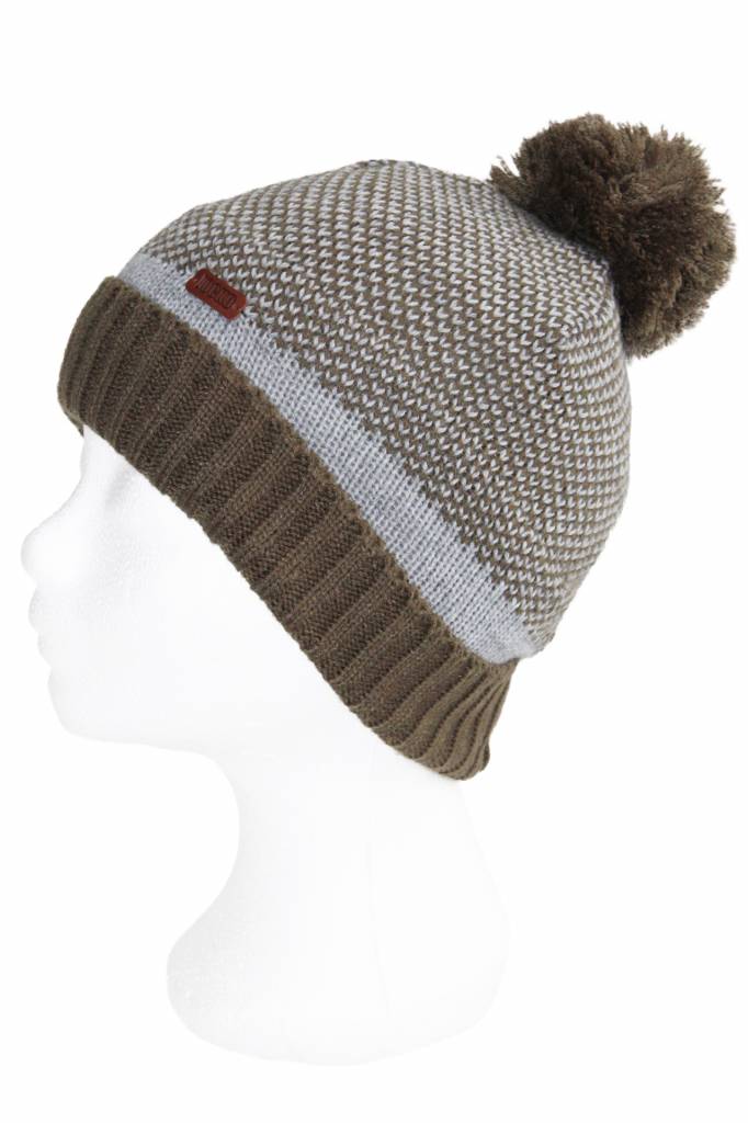 Gebreide kindermuts kaki/grijs pompon Gebreide kindermuts kaki/grijs pompon