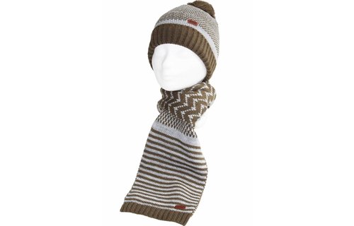 Gebreide kindermuts kaki/grijs pompon