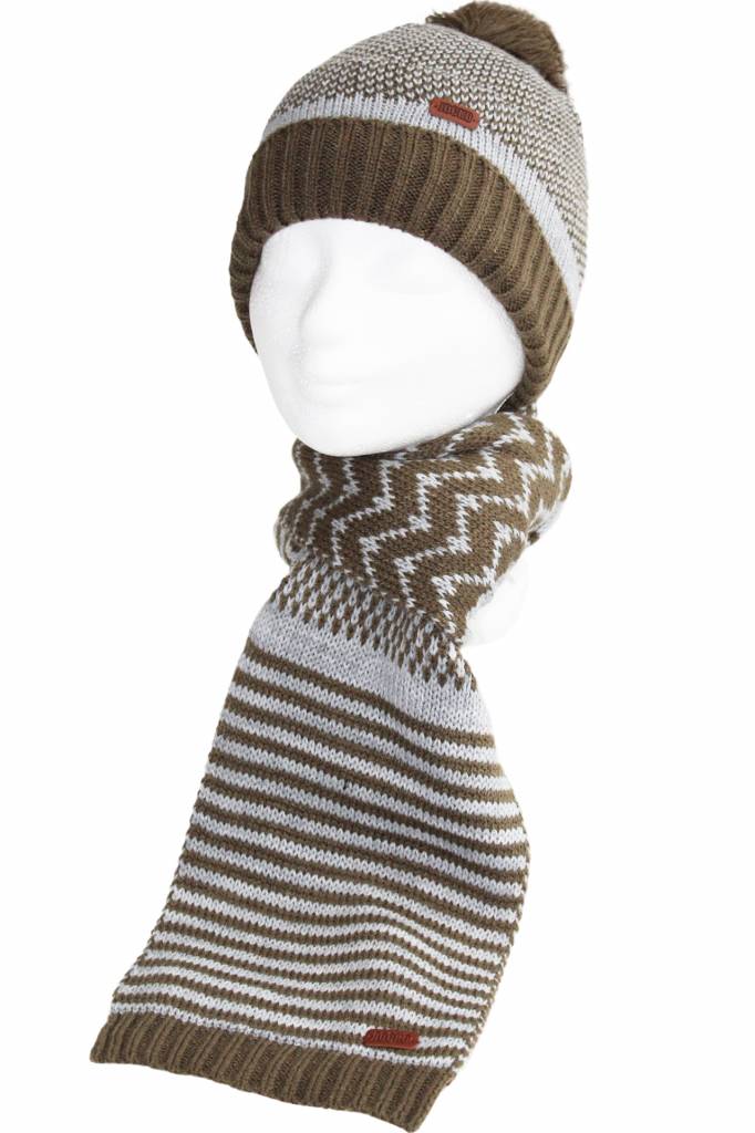 Gebreide kindermuts kaki/grijs pompon Gebreide kindermuts kaki/grijs pompon