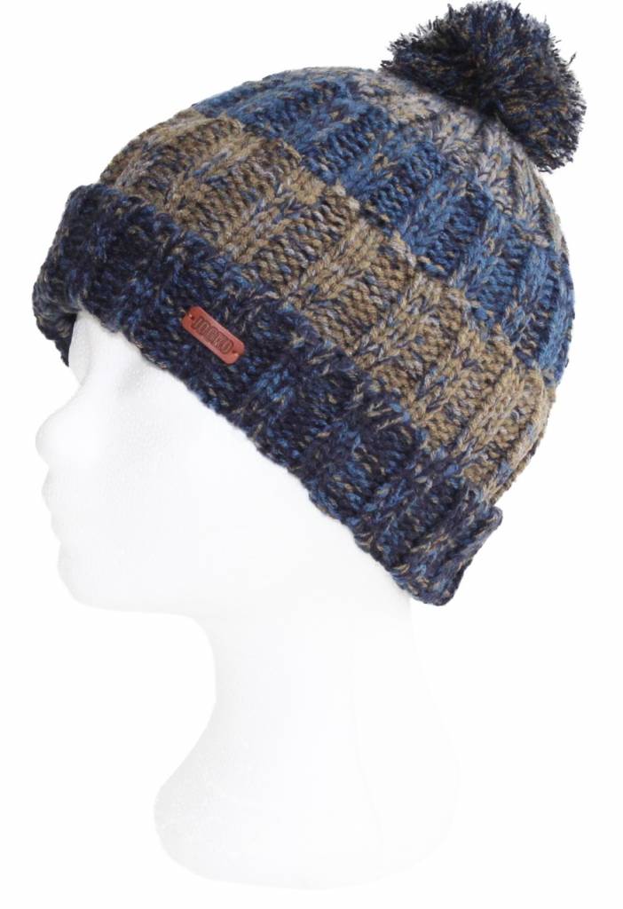 Gebreide pompon Muts  -  Blauw/Kaki