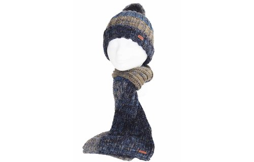 Gebreide pompon Muts  -  Blauw/Kaki