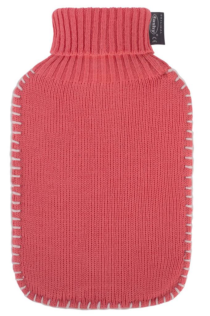 Warmwaterkruik 2 L.  gebreide rolkraag  Koraalrood