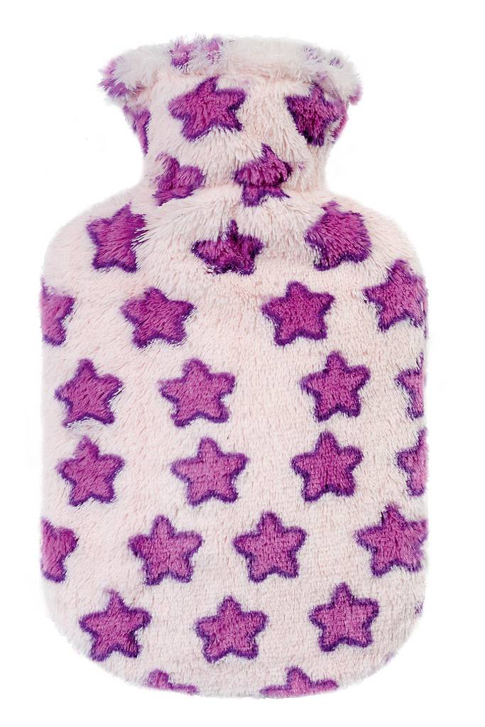 Warmwaterkruik 0,8 L.  Fleece hoes - paarse sterren