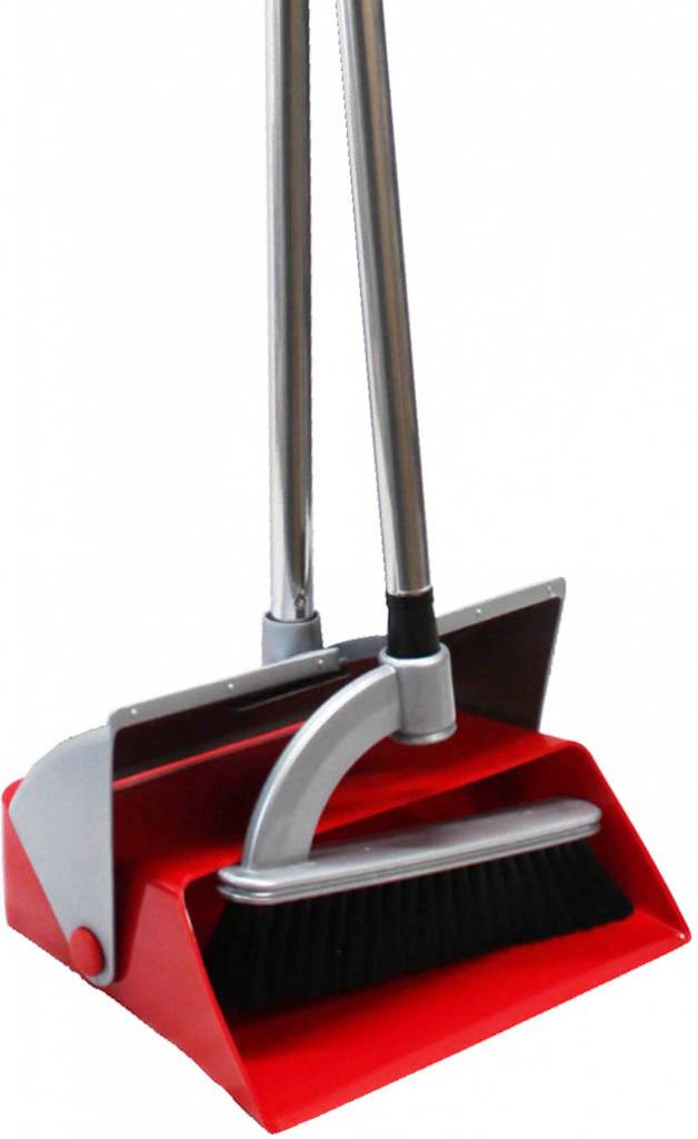 Vuilblik opklapbaar met borstel op steel  - Rood / Grijs