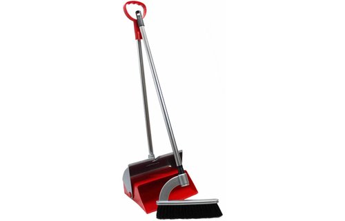 Vuilblik opklapbaar met borstel op steel  - Rood / Grijs