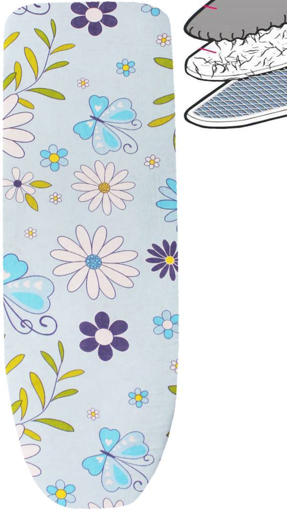 Strijkplankhoes 2 laags met elastiek A -  L. Blauw / witte bloem