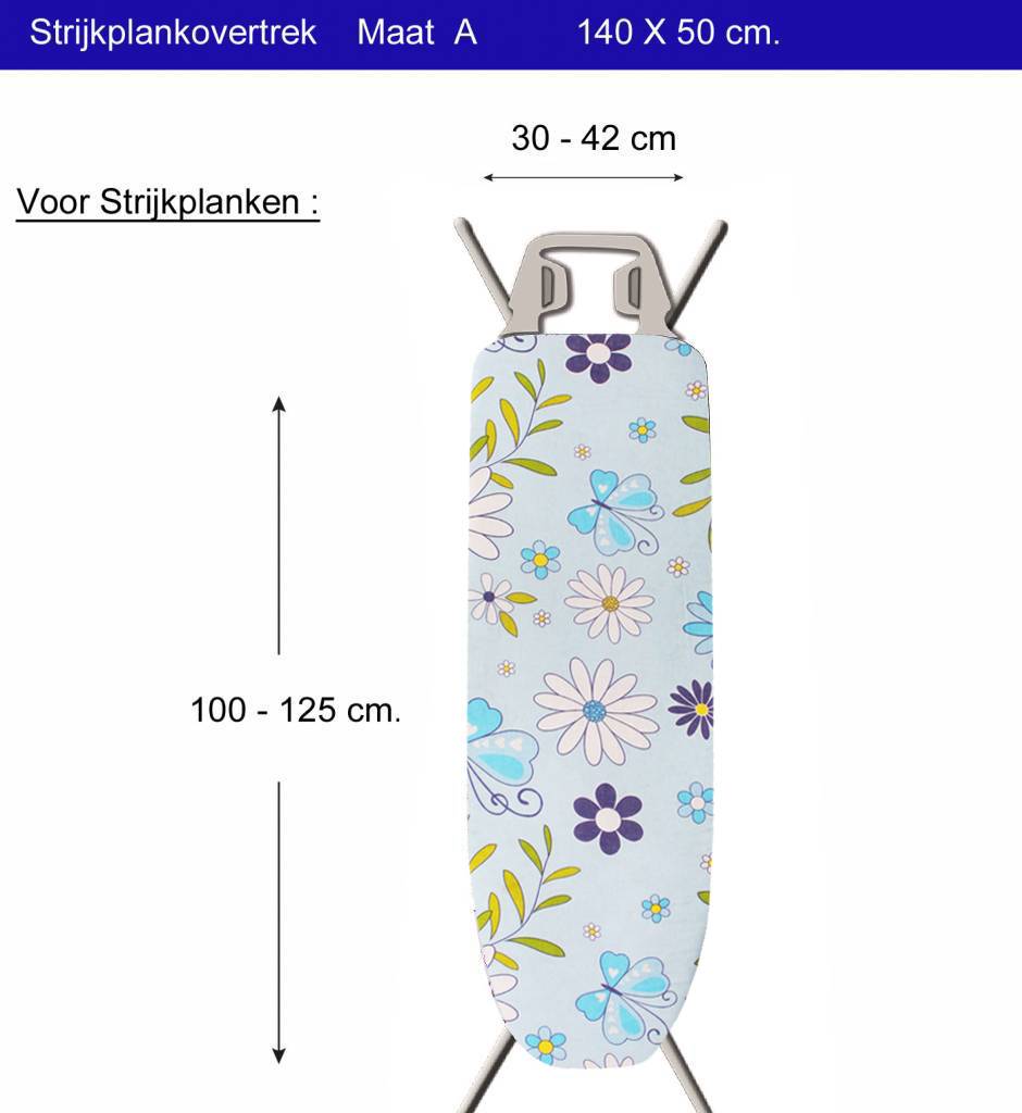 Strijkplankhoes 2 laags met elastiek A -  L. Blauw / witte bloem