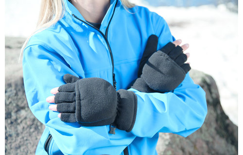 Fleece handschoenen zonder vingers met flap - Zwart