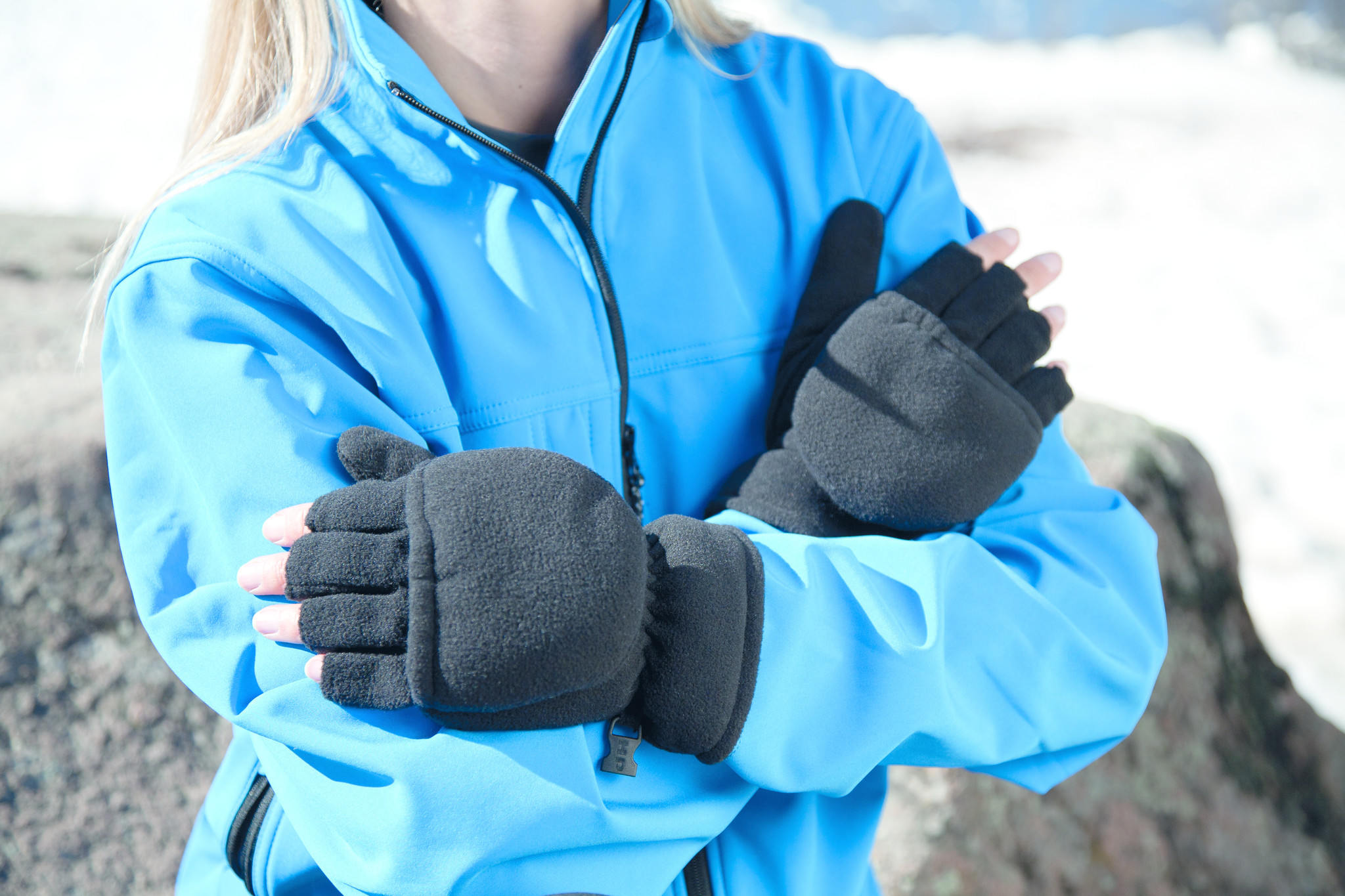 Fleece handschoenen zonder vingers met flap - Blauw