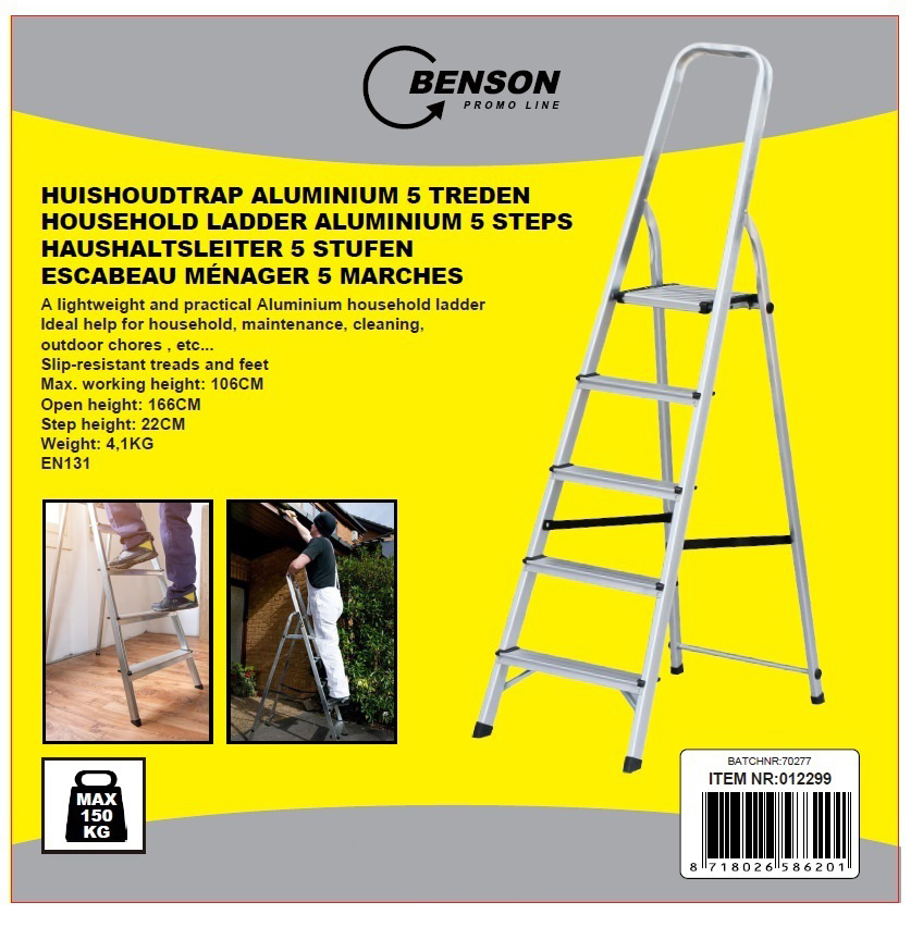 Aluminium Huishoudtrap Prof. met 5 Treden - max. 150 kg.