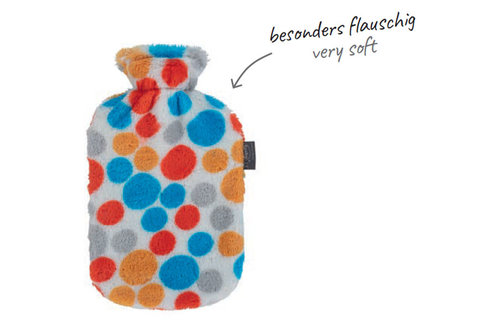 Warmwaterkruik 2 L. met fleece hoes in gekleurde stippen