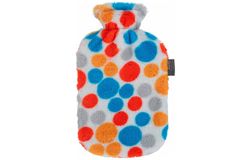 Warmwaterkruik 2 L. met fleece hoes in gekleurde stippen