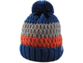 Gebreide kindermuts pompon  blue/orange/grey