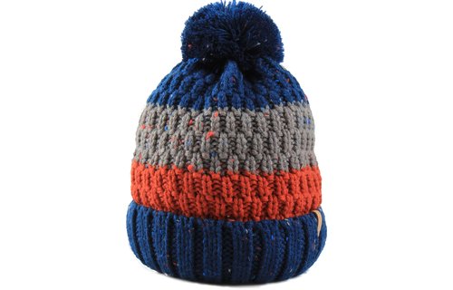 Gebreide kindermuts pompon  blue/orange/grey