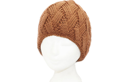Gebreide Dames Muts met teddy voering - Cognac