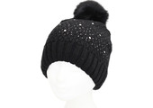 Dames Muts pompon fur en parel steentjes - Black