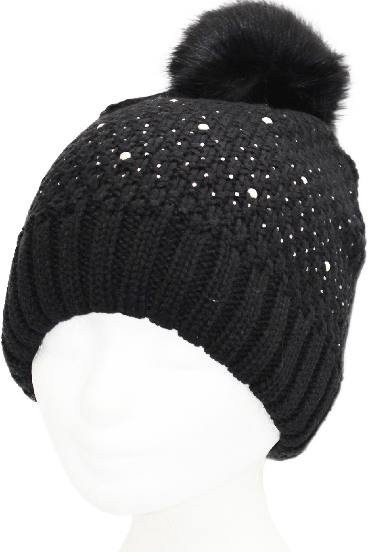 Dames Muts pompon fur en parel steentjes - Black