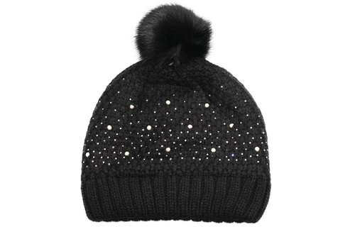 Dames Muts pompon fur en parel steentjes - Black