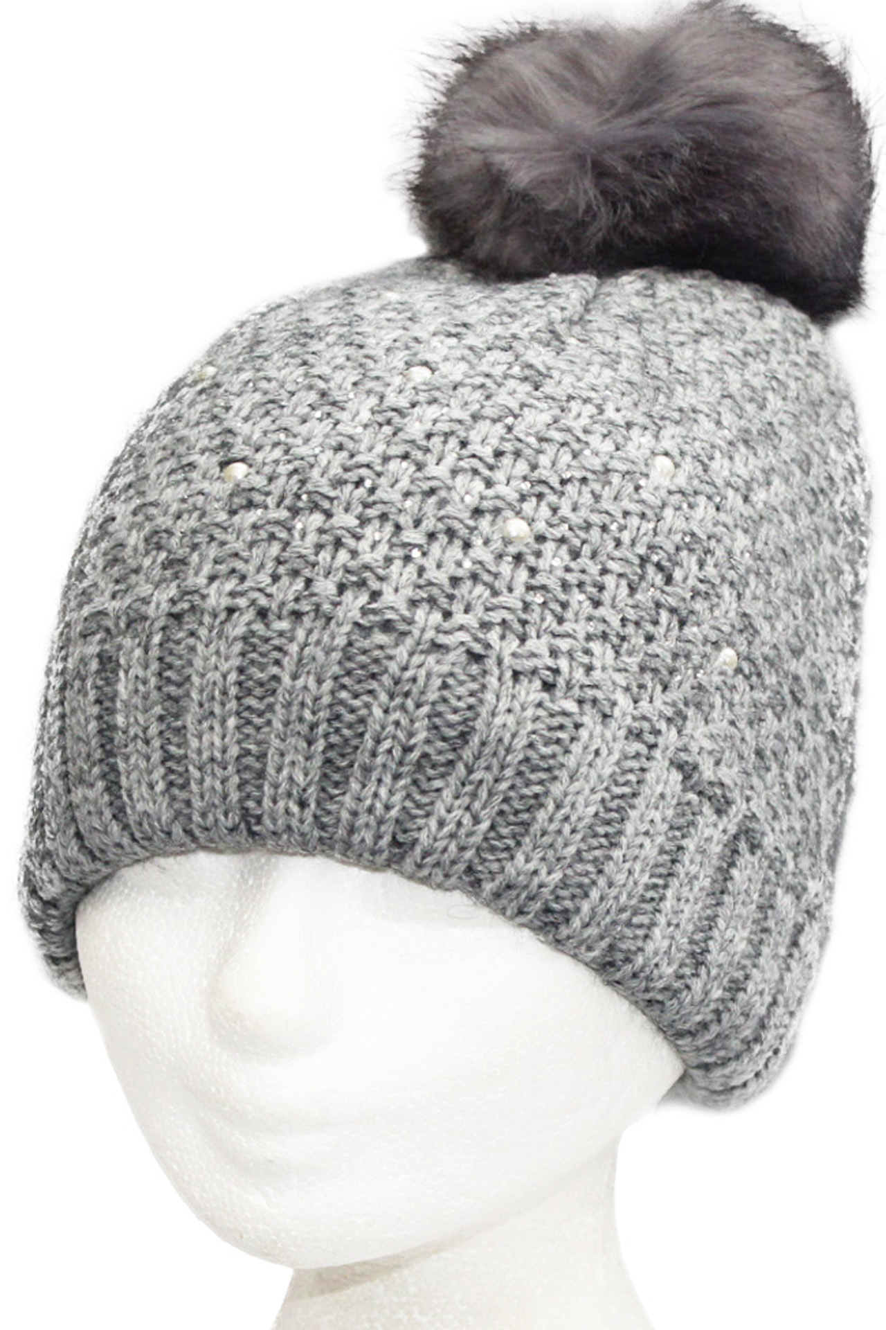 Dames Muts pompon fur en parel steentjes - L. Grey