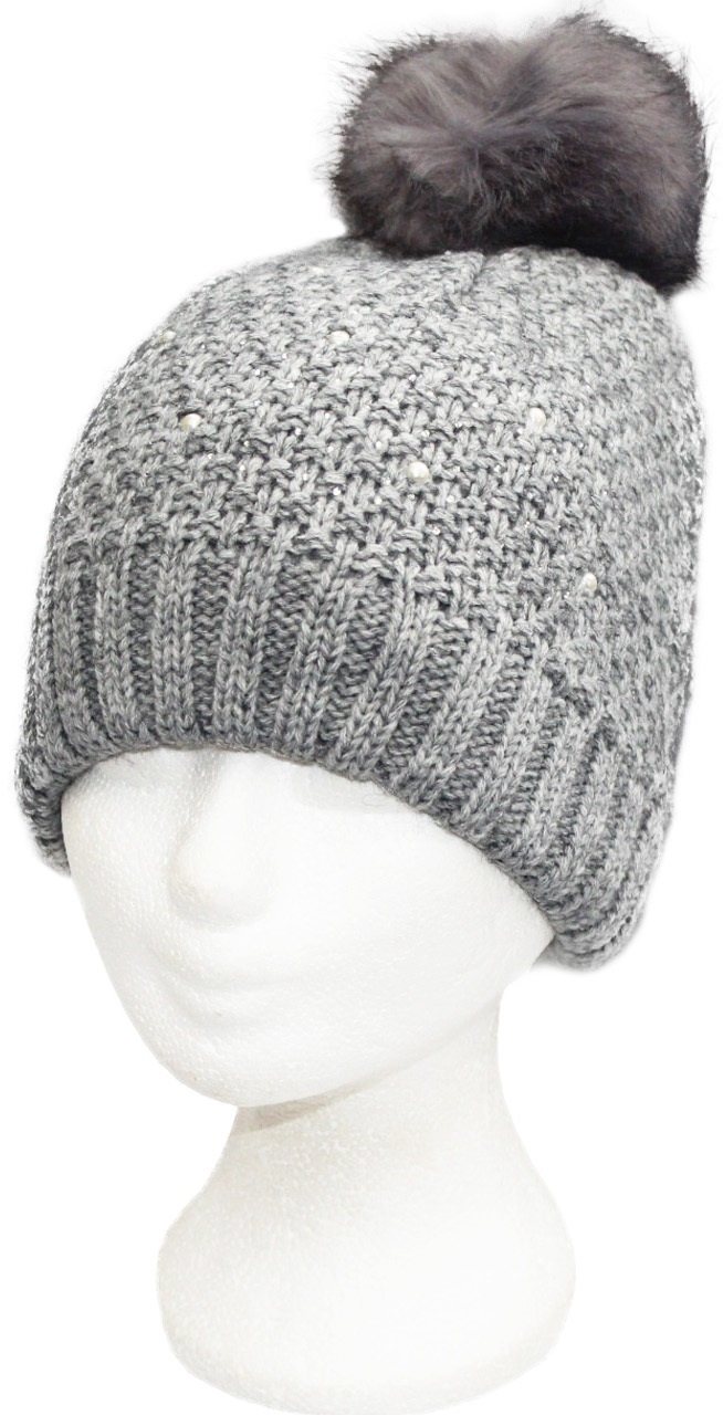 Dames Muts pompon fur en parel steentjes - L. Grey
